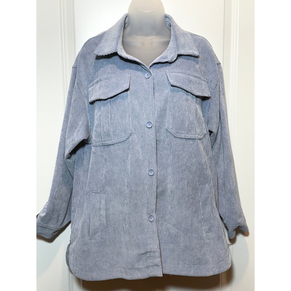 ASHLEY Shacket Corduroy Button Up Shirt Women Medium Blue Jacket Top Oversized